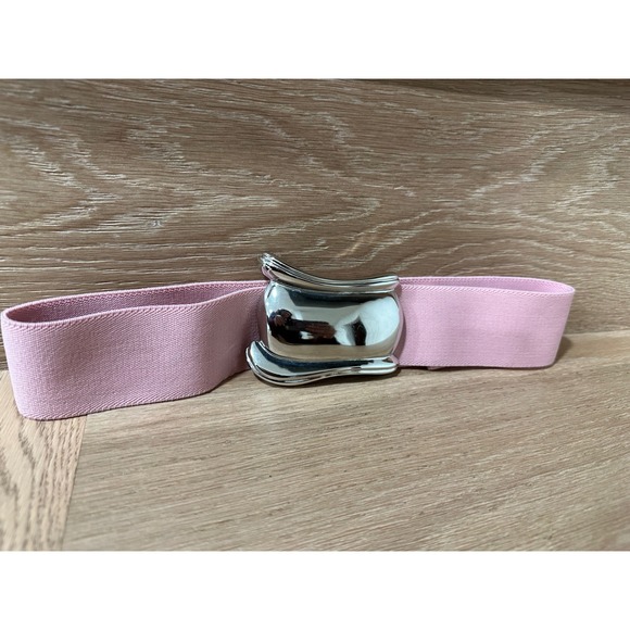 Vintage-Style Pink Elastic Cinch Belt // Modernist‎ Chrome Wavy Buckle 80\'s